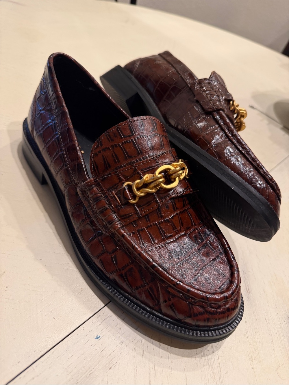 Topshop Brown Croc-Embossed Loafers with Gold Chain